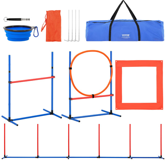 Dog Agility Training Equipment 4 PCS Set with Adjustable High Hurdles 6 Weave Poles,Jump Ring, Square Pause Box, Whistle