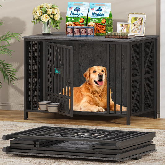 Foldable Large Dog Crate Furniture,31"/41.3"Assembly-Free Dog Crates for Large Dogs, Wooden Dog Kennel Indoor w/ Tag & Dog Bowls