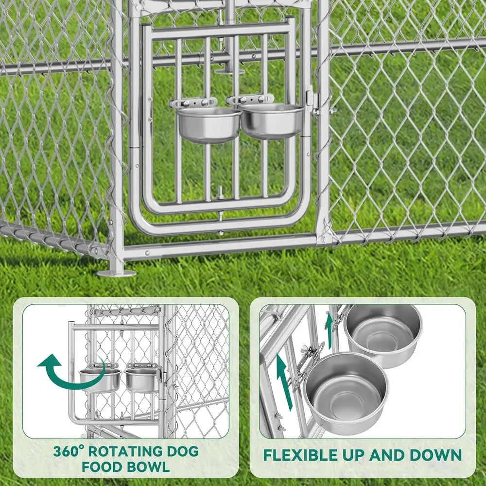 Outdoor Dog Kennel with Rotating eeder Bowls & UV-Resistant Waterproo Cover, 14.8×14.8×7.9T Outside Dog Enclosure or Yard, Heavy