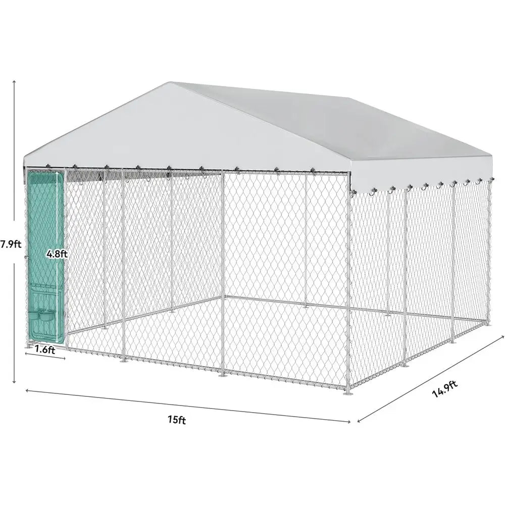 Outdoor Dog Kennel with Rotating eeder Bowls & UV-Resistant Waterproo Cover, 14.8×14.8×7.9T Outside Dog Enclosure or Yard, Heavy