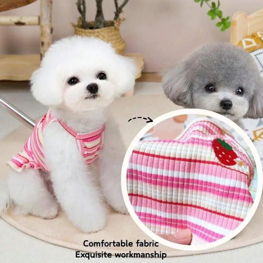 2PCS Charming Striped Dog Dress With Strawberry Patch and Lace Trim, Soft Elastic Cotton Clothes In Pink and Green