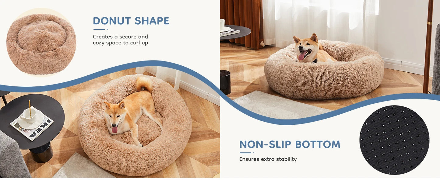 Calming Dog Bed for Medium to Large Dogs Washable Large Pet Bed Anti-Slip Round Fluffy Plush Faux Fur Dog Bed