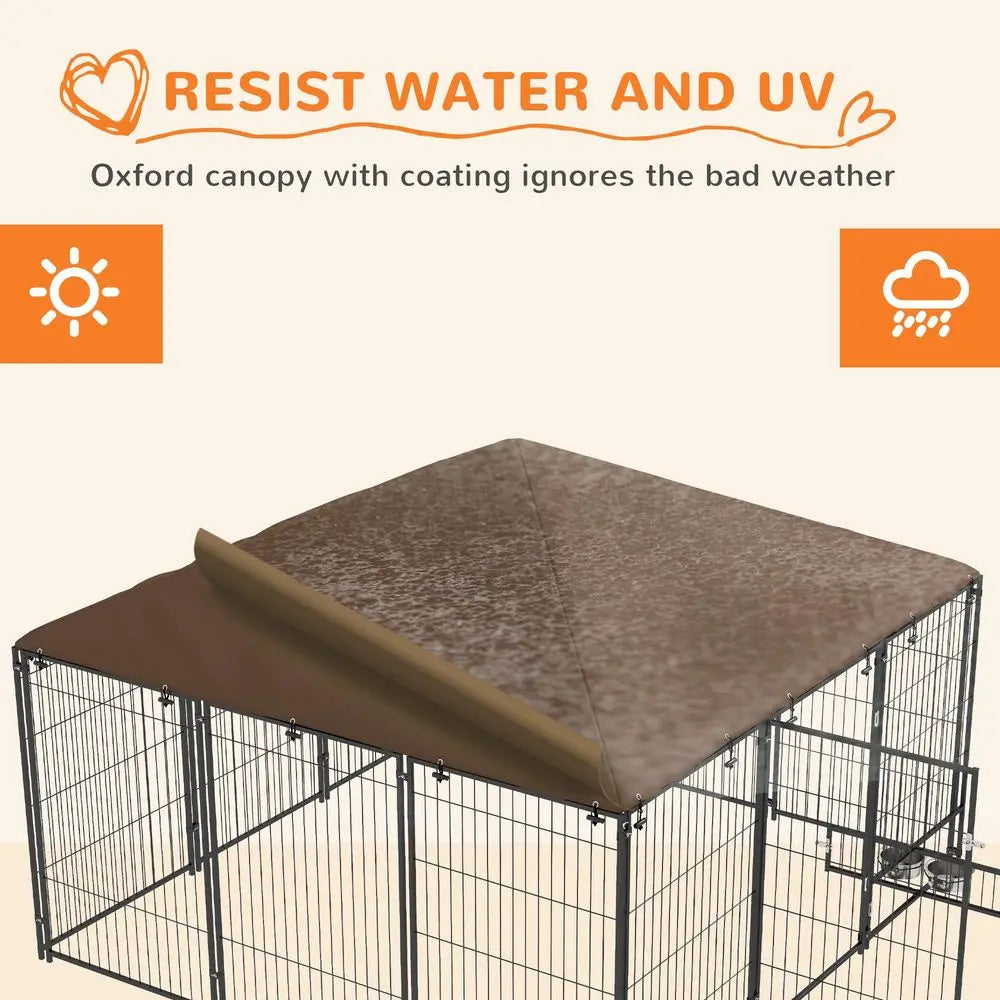 Outside Dog Kennel, 7 x 7 x 5 Puppy Play Pen with Canopy, Garden Playpen Fence Crate Enclosure Cage Rotating Bowl, for Dogs,