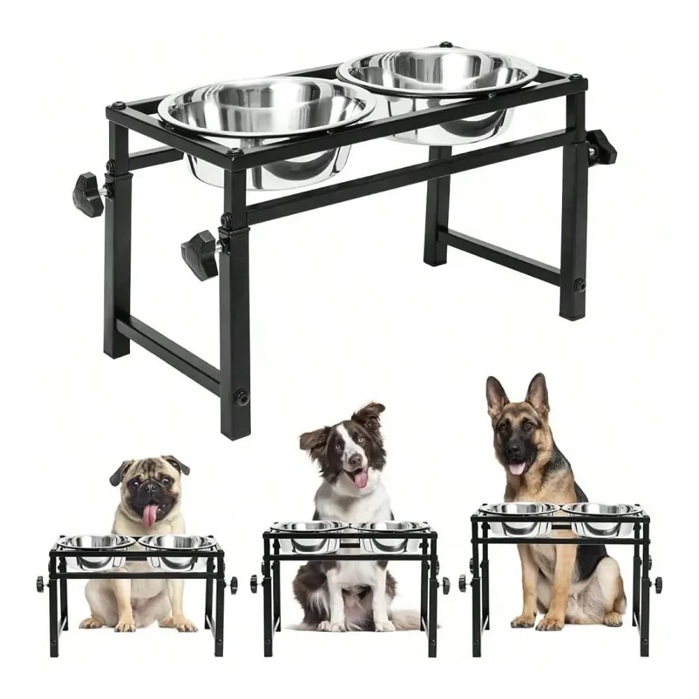 Raised Pet Feeder With 2 Stainless Steel Bowls For Dogs - Height Adjustable
