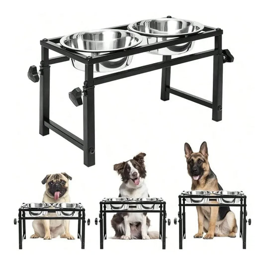 Raised Pet Feeder With 2 Stainless Steel Bowls For Dogs - Height Adjustable