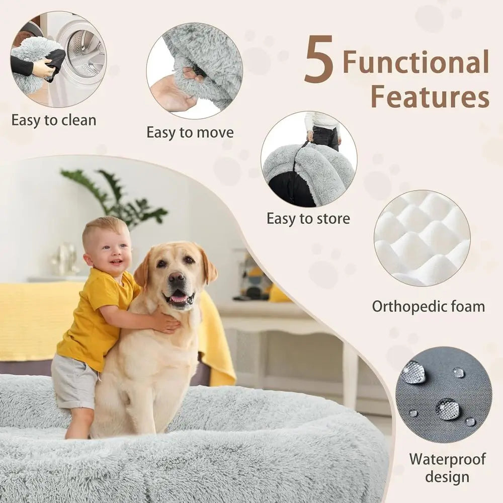 Oversized 71x45x12 Grey Memory Foam Dog Bed with Pillow, Blanket & Strap for Adults and Large Pets,