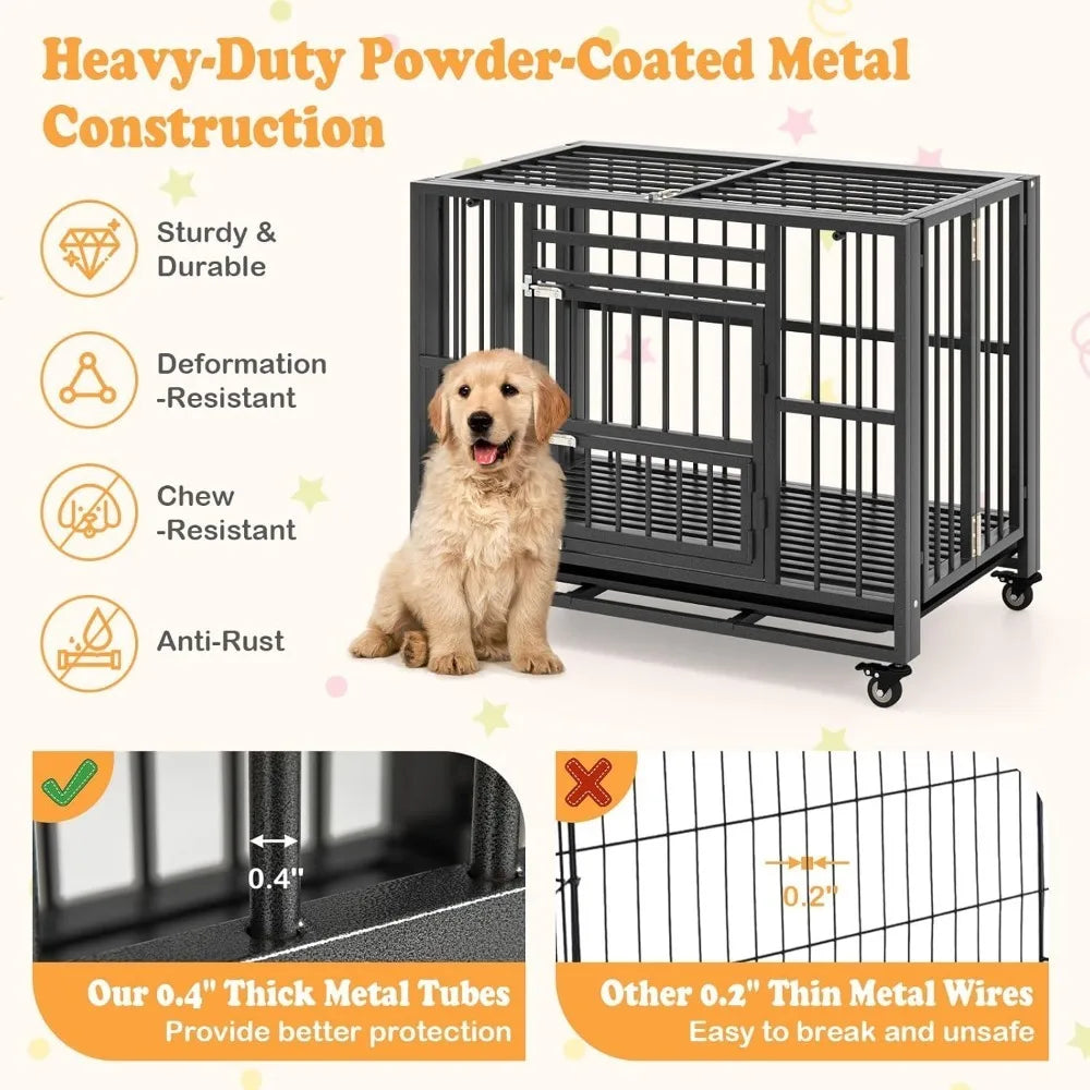 Foldable Metal Dog Crate - Heavy Duty Dog Cage with Top Doors, Feeding Access, Removable Tray, Lockable Wheels