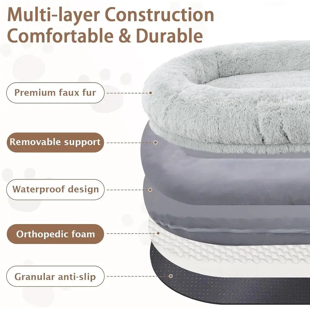 Oversized 71x45x12 Grey Memory Foam Dog Bed with Pillow, Blanket & Strap for Adults and Large Pets,