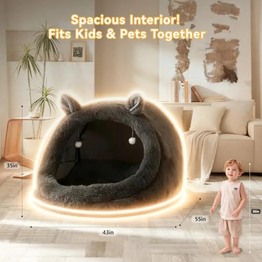 Jumbo Plush Pet Bed with Canopy - Extra Large 55x43x35 Gray Fluffy Dog Cat Bed for Humans Pets Removable Pillow Blanket Machine