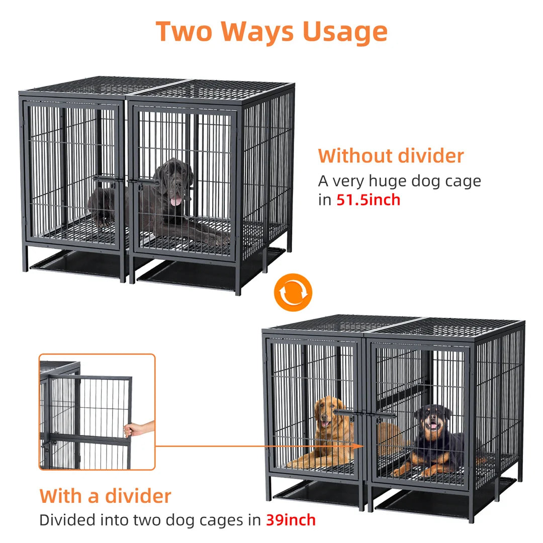 2-in-1 Heavy Duty Metal Dog Cage with Removable Divider, Pet Dog Crate Double Kennel for Two Dogs