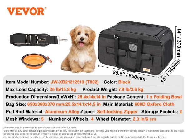 SucceBuy Pet Cat Carrier Breathable Outgoing Dog Carry Backpack with Telescopic Handle Wheels and Shoulder Strap for Travel Trip