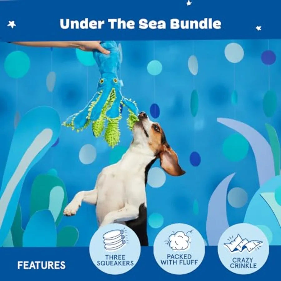 Under The Sea Bundle - 3 Toys for Medium and Large Dogs - Squeaky Dog Toy Tug Toy Plush Chew Toys - Maggie Mahi Shify Sid The S