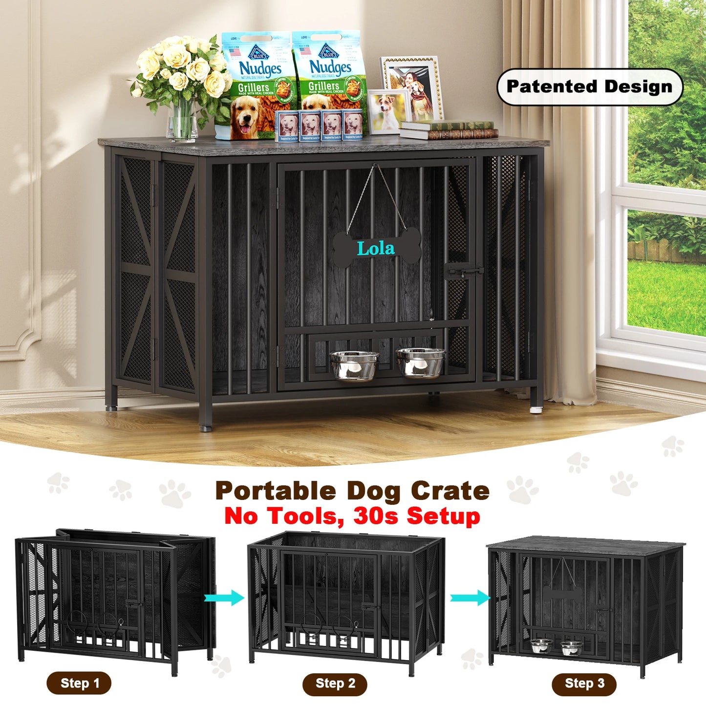 Foldable Large Dog Crate Furniture,31"/41.3"Assembly-Free Dog Crates for Large Dogs, Wooden Dog Kennel Indoor w/ Tag & Dog Bowls