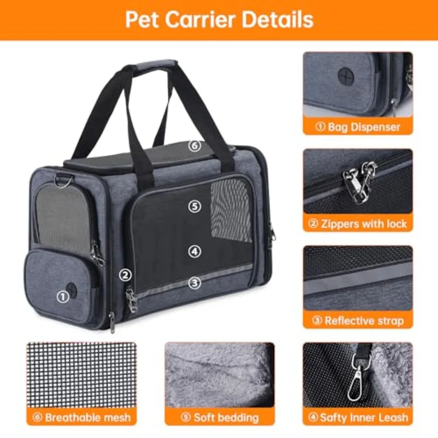Airplane Approved Soft-Sided Cat Carrier for Travel Under Seat TSA Approved Pet Carrier Bag for Cats Dogs 17.5 x 8.5 x 11 inches