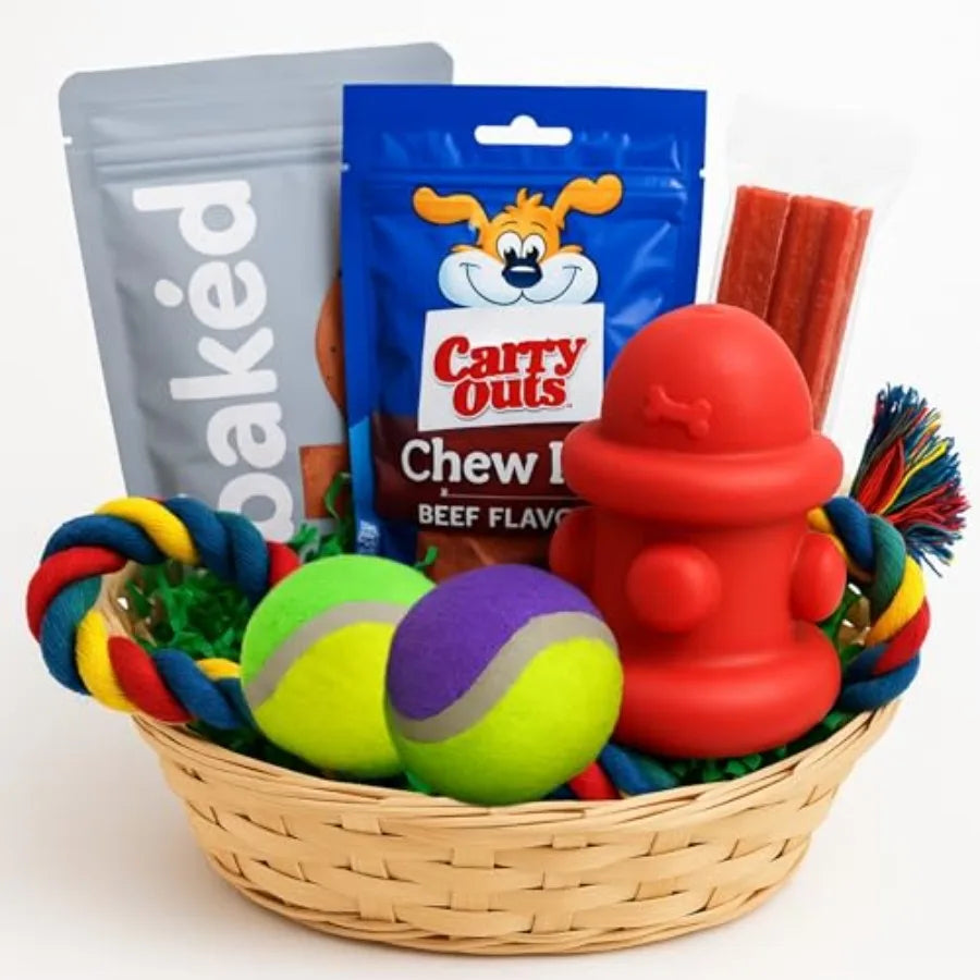 Dog Gift Basket Includes Chew Toys Tennis Balls Rope Tug Toy and Tasty Treats Perfect Dog Birthday Gift Puppy Welcome Box