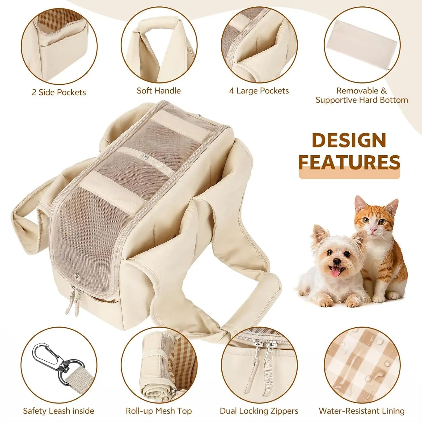 Dog Purse Carrier for Small Dogs and Cats, Soft-Sided Pet Tote Bag with 6 Large Pockets, Collapsible Travel Puppy Carrier