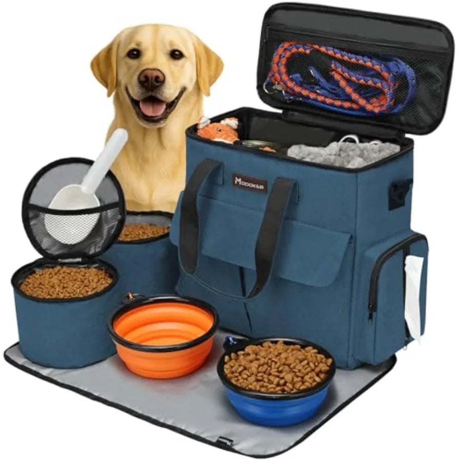Dog Travel Bag, Weekend Pet Travel Set for Dog and Cat, Airline Approved Tote Organizer with Multi-Function Pockets, 2 Food Sto
