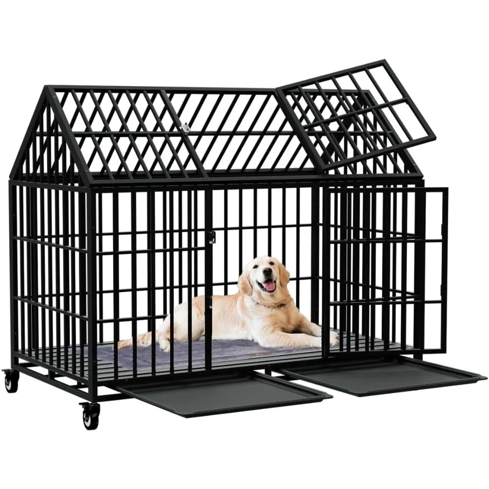 Dog Crate Large Dog, Strong Metal Dog Kennels  for Large Dogs Top Opening with 2 Doors 4 Lockable Wheels