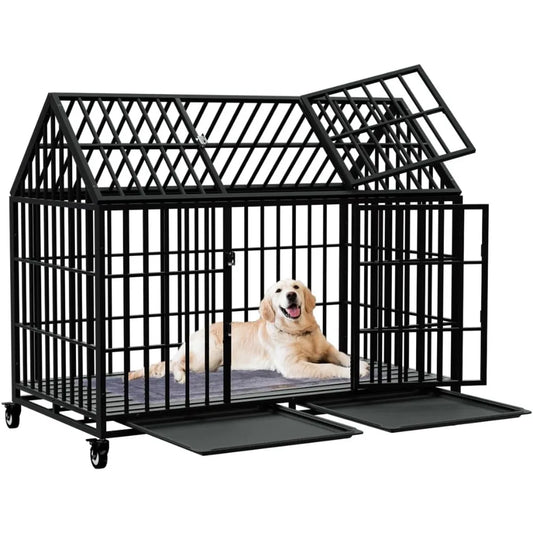 Dog Crate Large Dog, Strong Metal Dog Kennels  for Large Dogs Top Opening with 2 Doors 4 Lockable Wheels