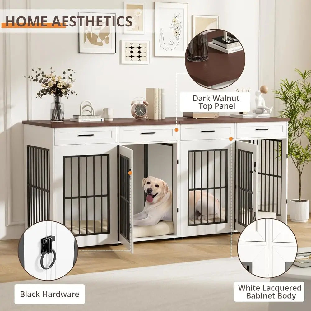 Extra Large Double Dog Cage Furniture with Removable Divider, Wooden Indoor Kennel for XXL Dogs, White/Brown