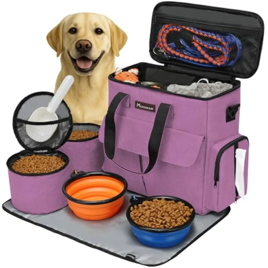 Dog Travel Bag, Weekend Pet Travel Set for Dog and Cat, Airline Approved Tote Organizer with Multi-Function Pockets, 2 Food Sto