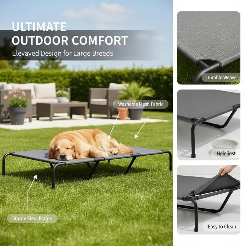 Outdoor Dog Bed, Elevated Dog Bed for Large Dogs, with Washable Mesh Steel Frame, Dimensions: 152 X 94 X 23 Cm, Grey.