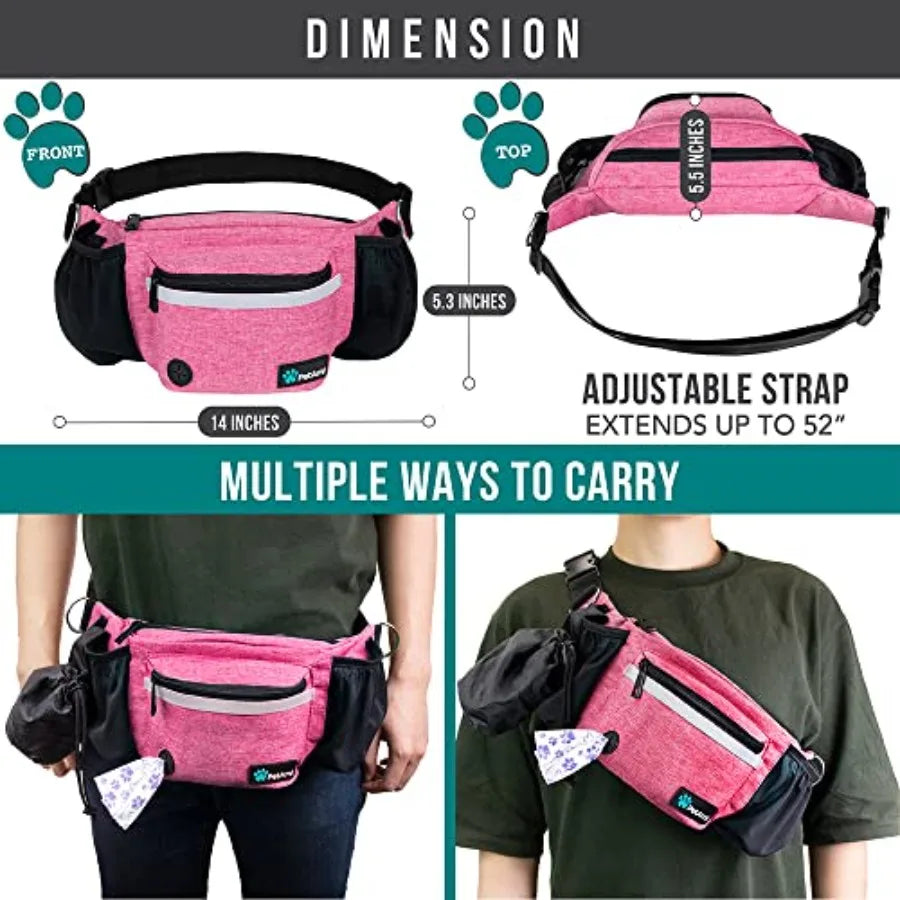 Dog Fanny Pack, Treat Pouch for Dog Walking, Training, Built in Poop Bag Dispenser, Water Bottle Holder, Collapsible Bowl, Pet