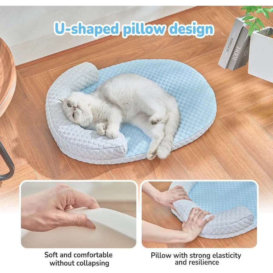 Cat Cooling Mat for Cats or Small Dogs - Pet Cooling Bed with Soft Comfortable Cozy Pad Removable Pillow Washable Design Non-Slip