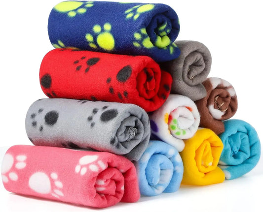 10-Pack Pet Blankets Soft Fleece Paw Print 24x28 Inch for Dogs Cats Small Animals