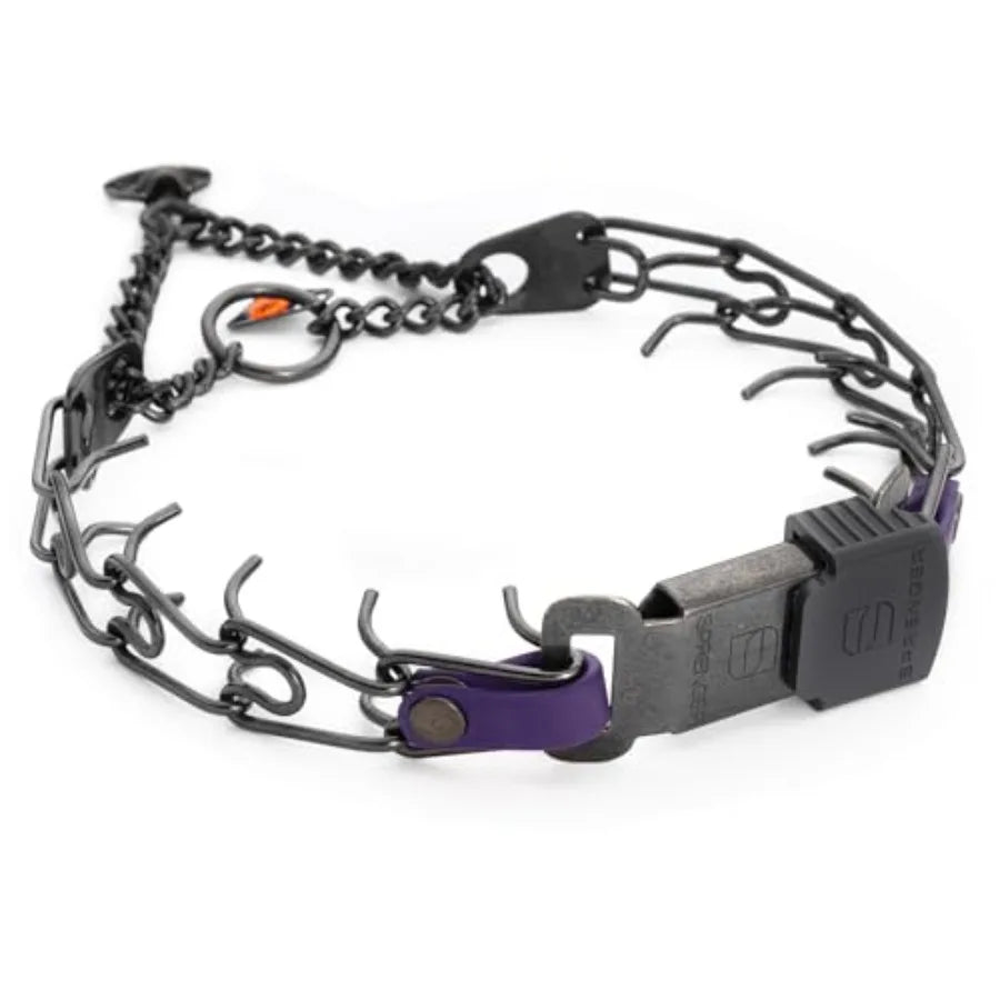 Training collar for dogs, black stainless steel with violet purple Biothane insert, quick-release ClicLock buckle, made in Germany