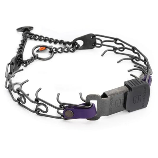 Training collar for dogs, black stainless steel with violet purple Biothane insert, quick-release ClicLock buckle, made in Germany