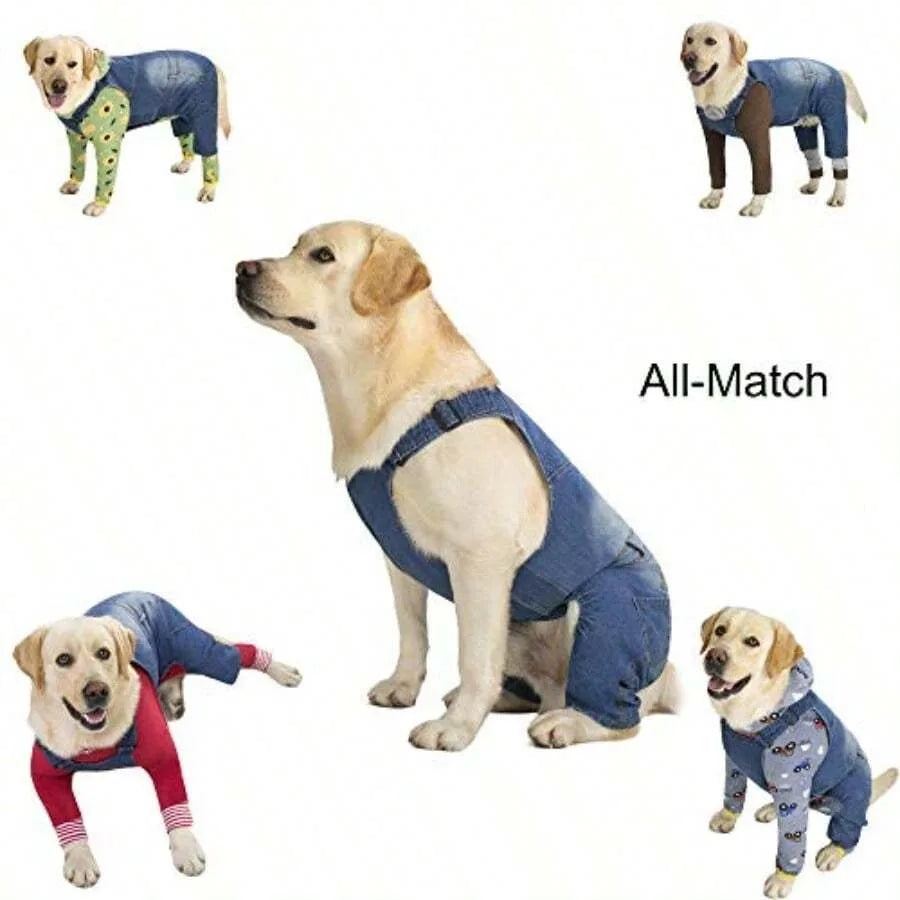Classic Dog Jeans Overall For Medium Large Dogs Pet Denim Jumpsuit Clothes Costumes For All-Match Blue Vintage Washed