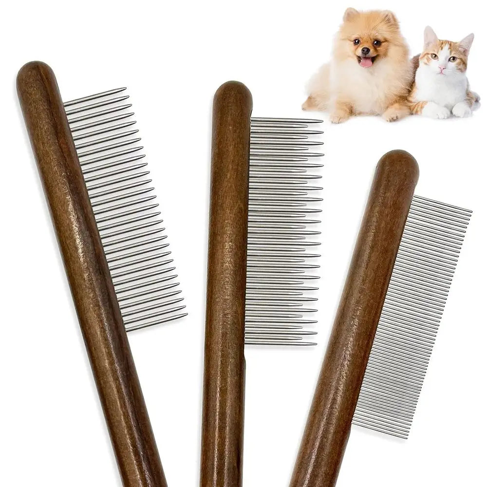 3 Pack Solid Wood Cat Combs, Stainless Steel Teeth, Removes Mats, Tangles, Loose Hair, Grooming Comb for Small Medium Pets