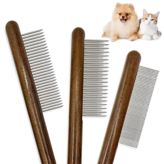 3 Pack Solid Wood Cat Combs, Stainless Steel Teeth, Removes Mats, Tangles, Loose Hair, Grooming Comb for Small Medium Pets