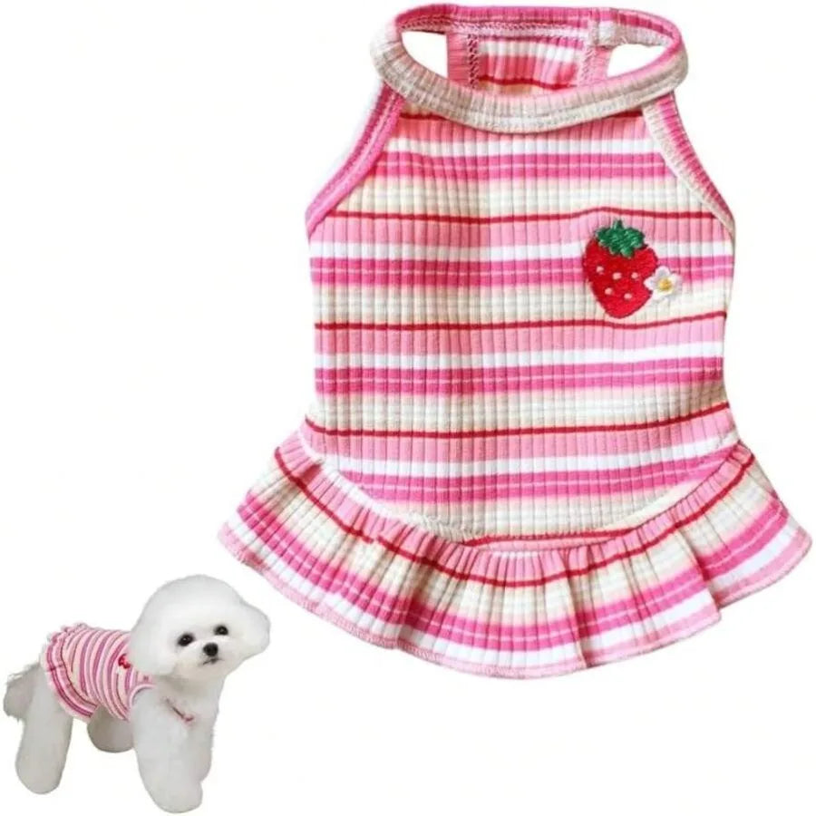2PCS Charming Striped Dog Dress With Strawberry Patch and Lace Trim, Soft Elastic Cotton Clothes In Pink and Green