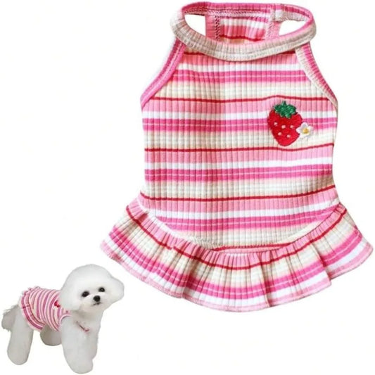 2PCS Charming Striped Dog Dress With Strawberry Patch and Lace Trim, Soft Elastic Cotton Clothes In Pink and Green