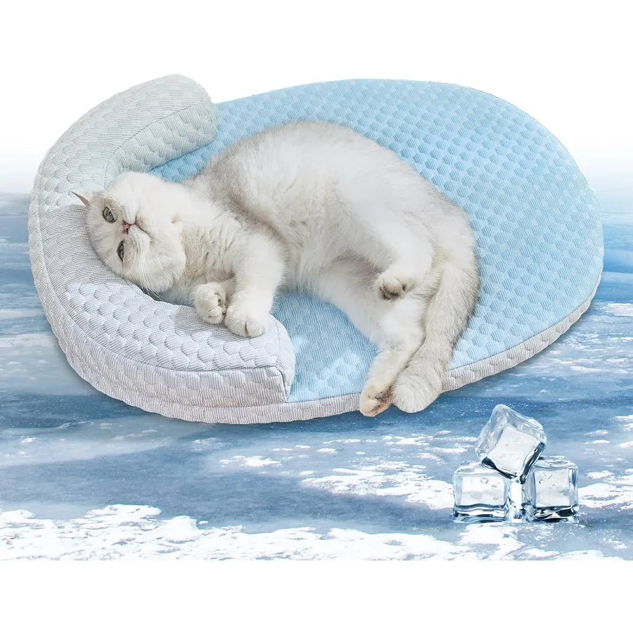Cat Cooling Mat for Cats or Small Dogs - Pet Cooling Bed with Soft Comfortable Cozy Pad Removable Pillow Washable Design Non-Slip