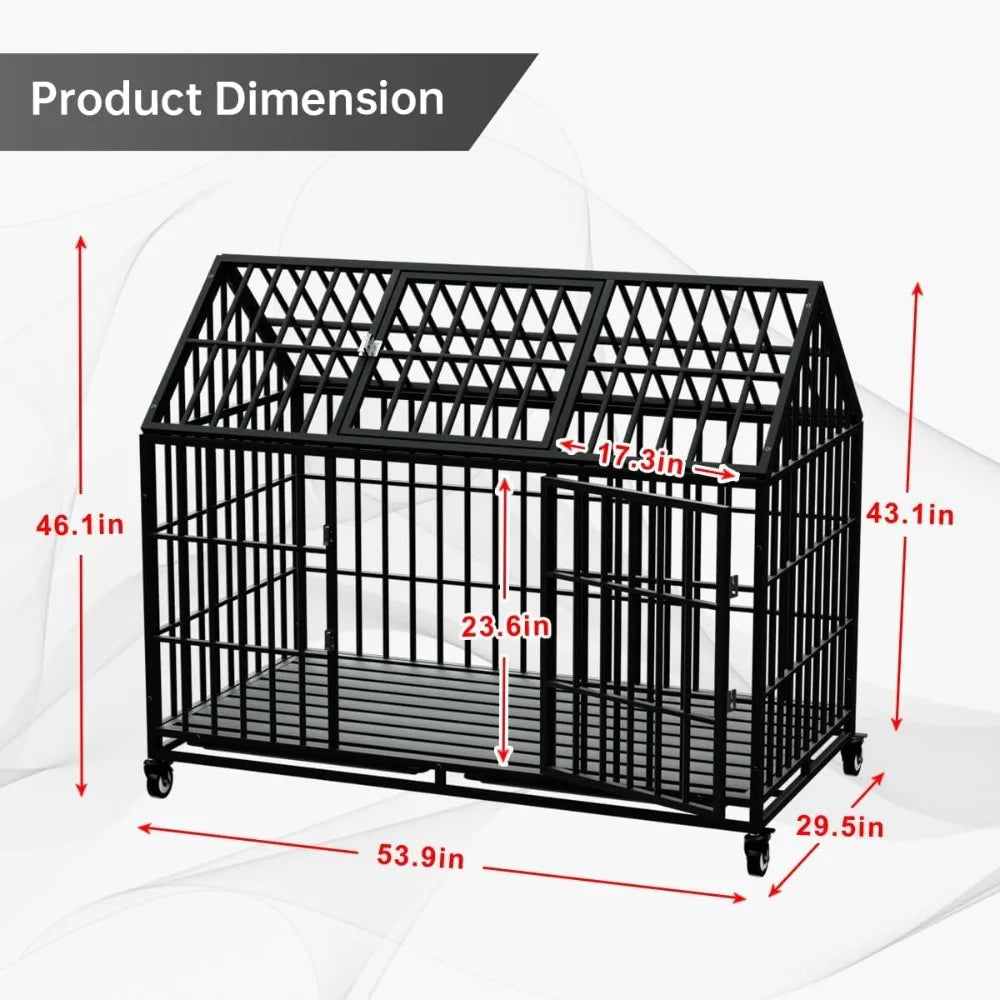 Dog Crate Large Dog, Strong Metal Dog Kennels  for Large Dogs Top Opening with 2 Doors 4 Lockable Wheels