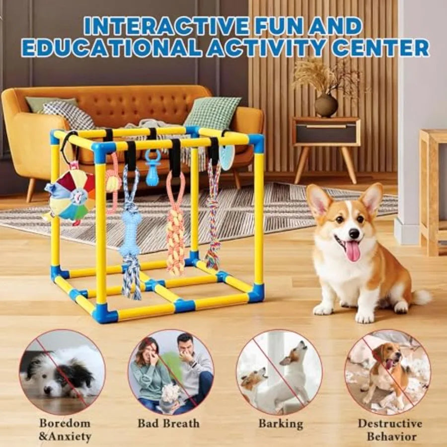Puppy Play Gym for Small Dogs with 10 Hanging Toys Removable Indoor Jungle Gym PVC Frame with Adjustable Bungee Straps Interact