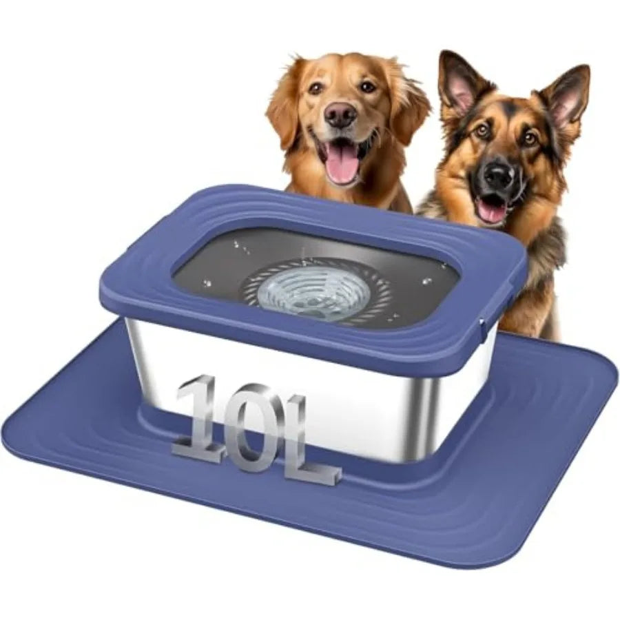 10L Stainless Steel Dog Water Bowl No Spill Anti-Splash Dog Bowls with XXL Silicone Mat Spill-Proof Slow Feeder for Messy Drinker