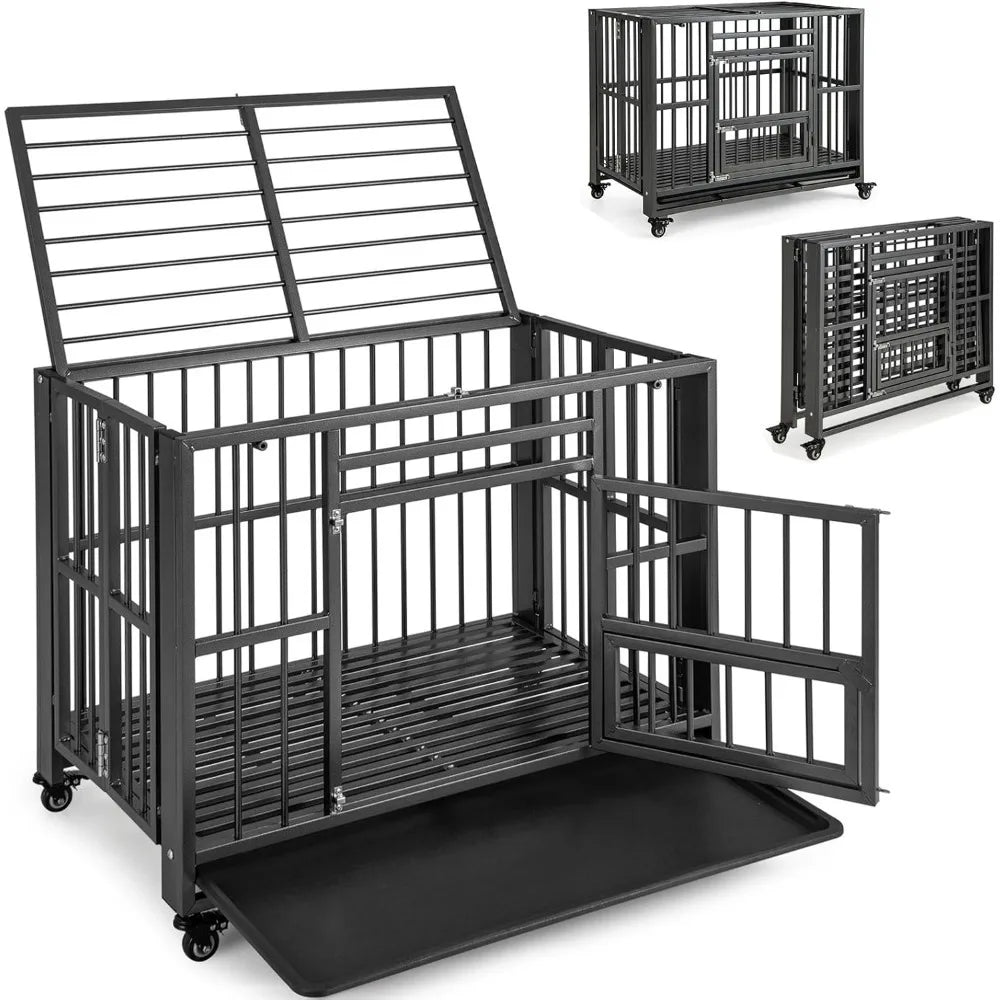 Foldable Metal Dog Crate - Heavy Duty Dog Cage with Top Doors, Feeding Access, Removable Tray, Lockable Wheels