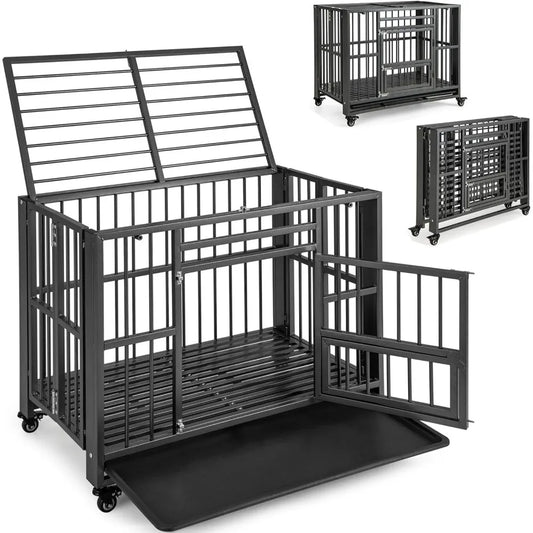 Foldable Metal Dog Crate - Heavy Duty Dog Cage with Top Doors, Feeding Access, Removable Tray, Lockable Wheels