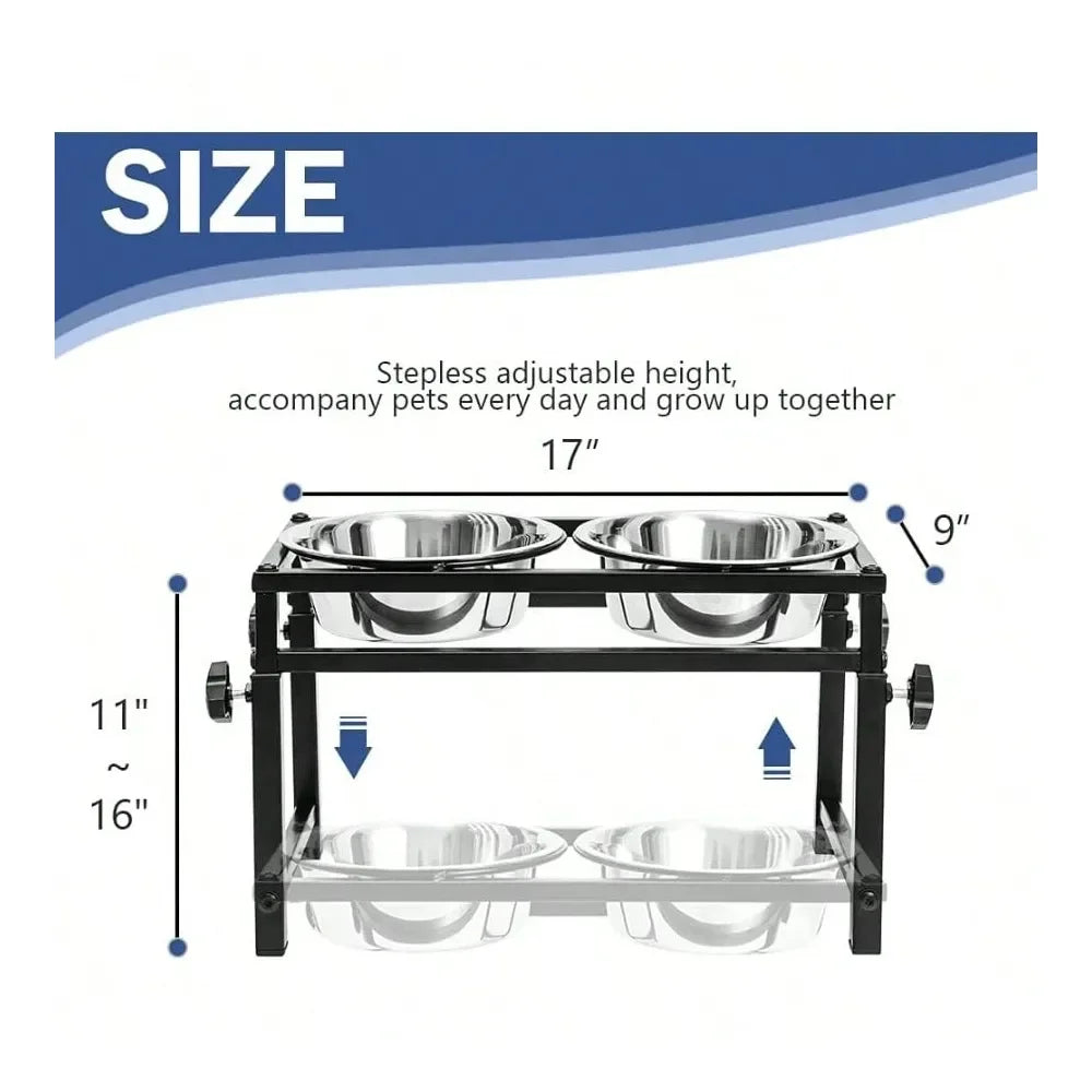 Raised Pet Feeder With 2 Stainless Steel Bowls For Dogs - Height Adjustable