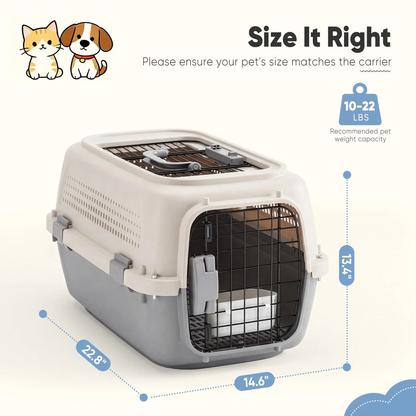 JHK 23 Inch Pet Carrier for Small Dogs Cats  Front Top Load Wire Door Food Bowl Travel Crate with Enhanced Security Latches