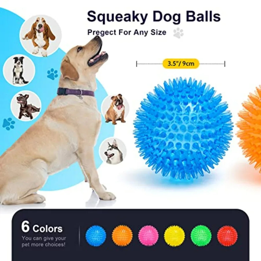 3.5" Squeaky Dog Toy Balls 6 Colors Puppy Chew Toys for Teething, BPA Free Non-Toxic, Spikey Dog Balls for Medium, Large and Sm
