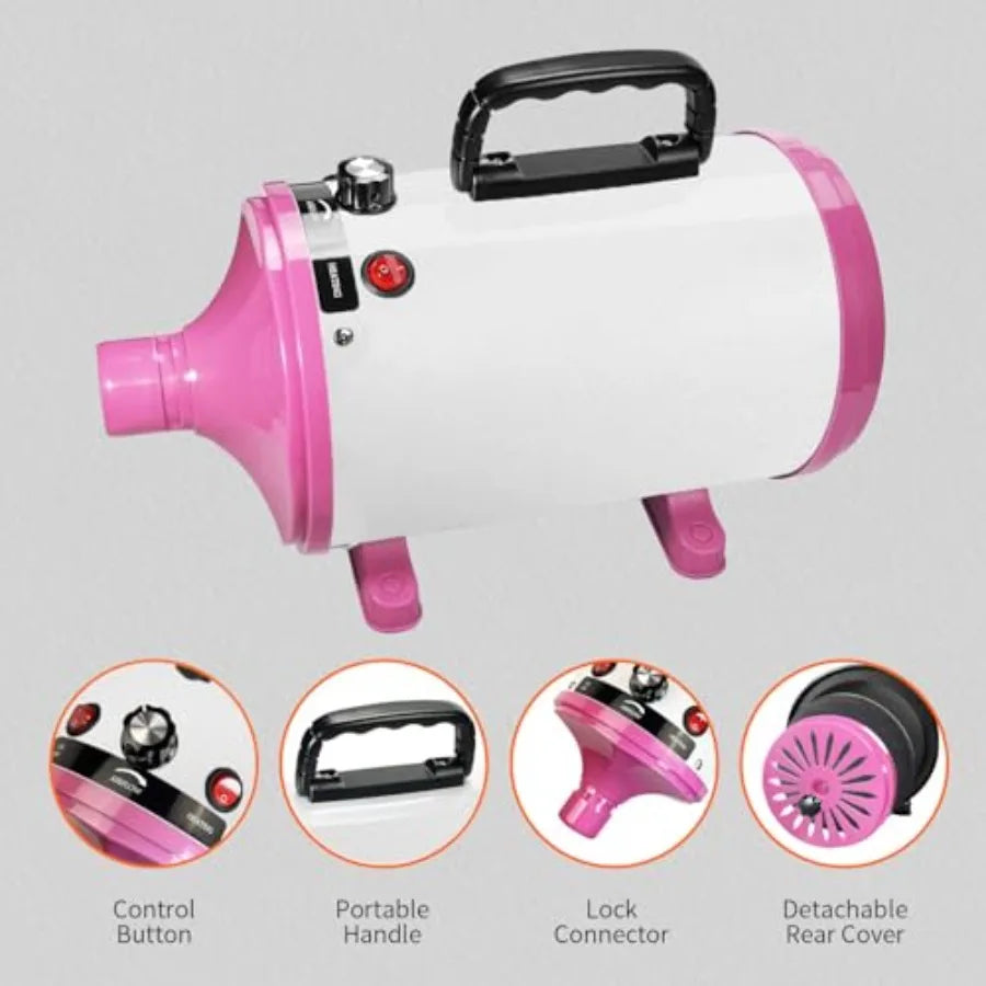 High Velocity Professional Dog Grooming DryerAdjustable Temperature and Speed Hair Dryer for Pets with 4 Nozzles