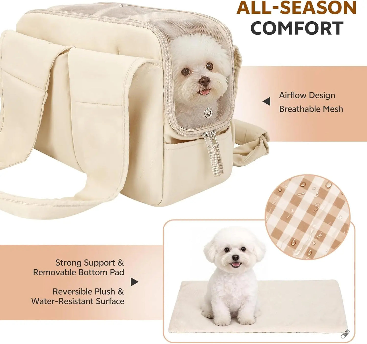 Dog Purse Carrier for Small Dogs and Cats, Soft-Sided Pet Tote Bag with 6 Large Pockets, Collapsible Travel Puppy Carrier
