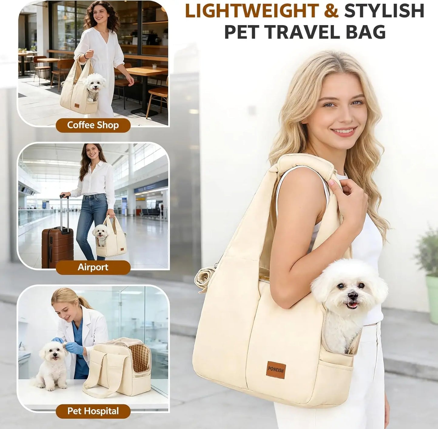 Dog Purse Carrier for Small Dogs and Cats, Soft-Sided Pet Tote Bag with 6 Large Pockets, Collapsible Travel Puppy Carrier