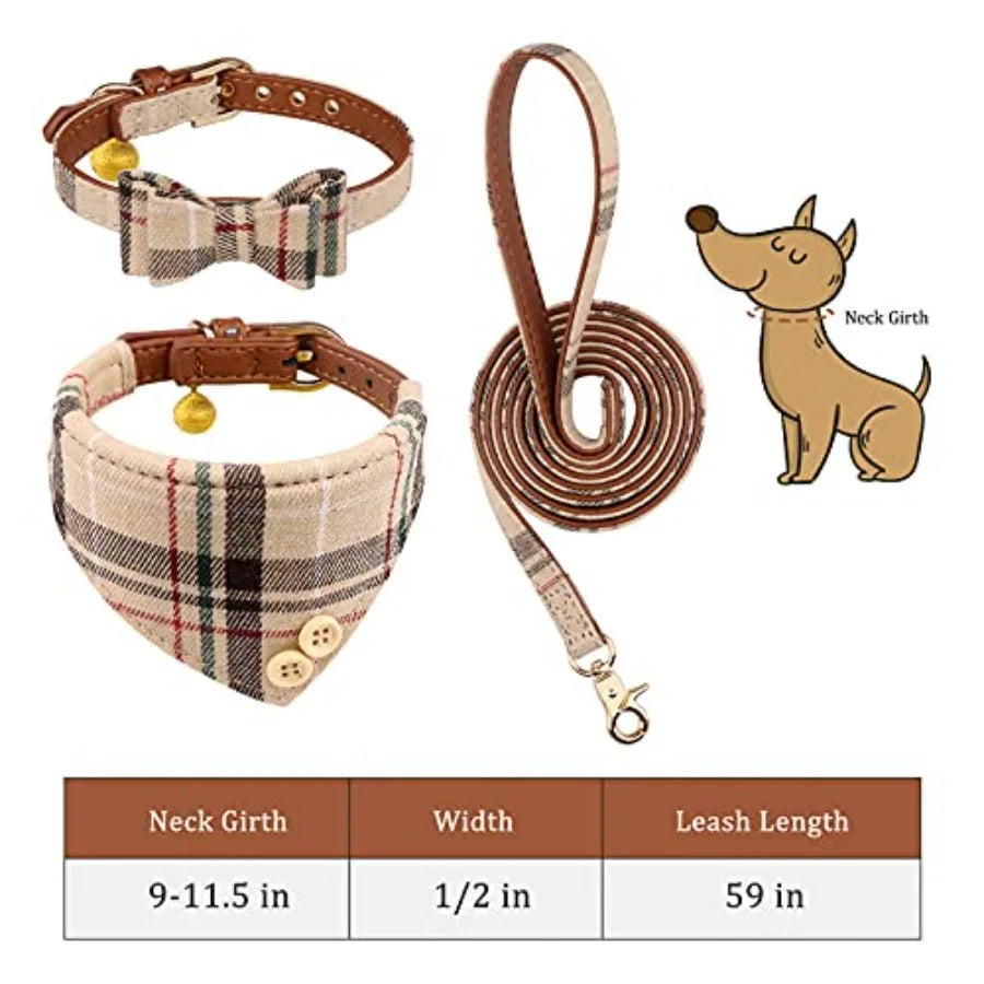 3 PCS Dog Collars for Small Puppy Collar and Leash Set, Bow Tie with Bell, Bandana Leather for Small Dogs Puppies and Cats