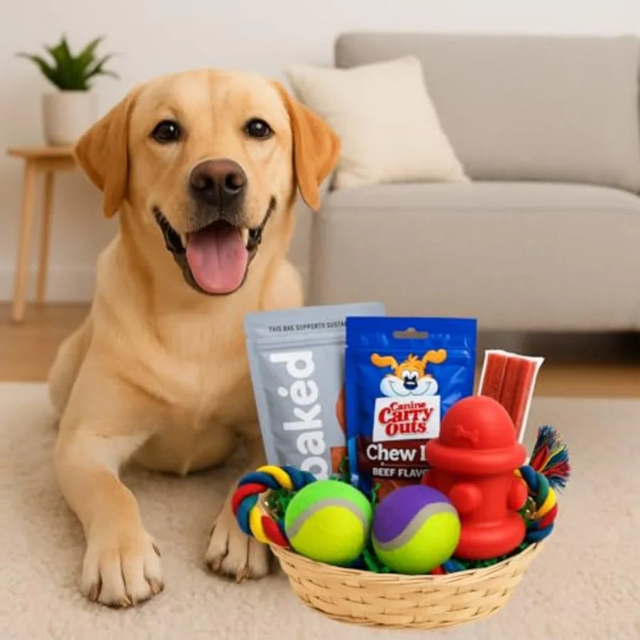 Dog Gift Basket Includes Chew Toys Tennis Balls Rope Tug Toy and Tasty Treats Perfect Dog Birthday Gift Puppy Welcome Box
